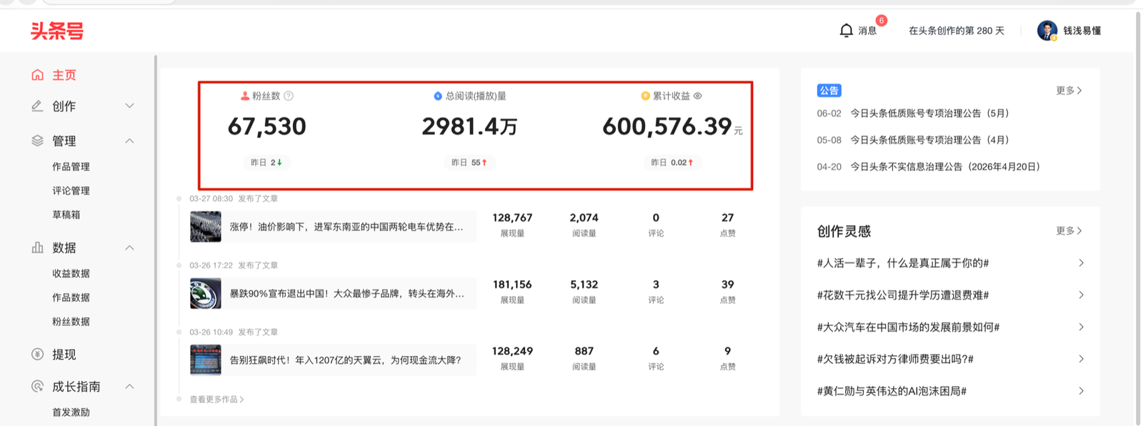 吴志伟财经账号粉丝阅读量和5个月创作收益数据